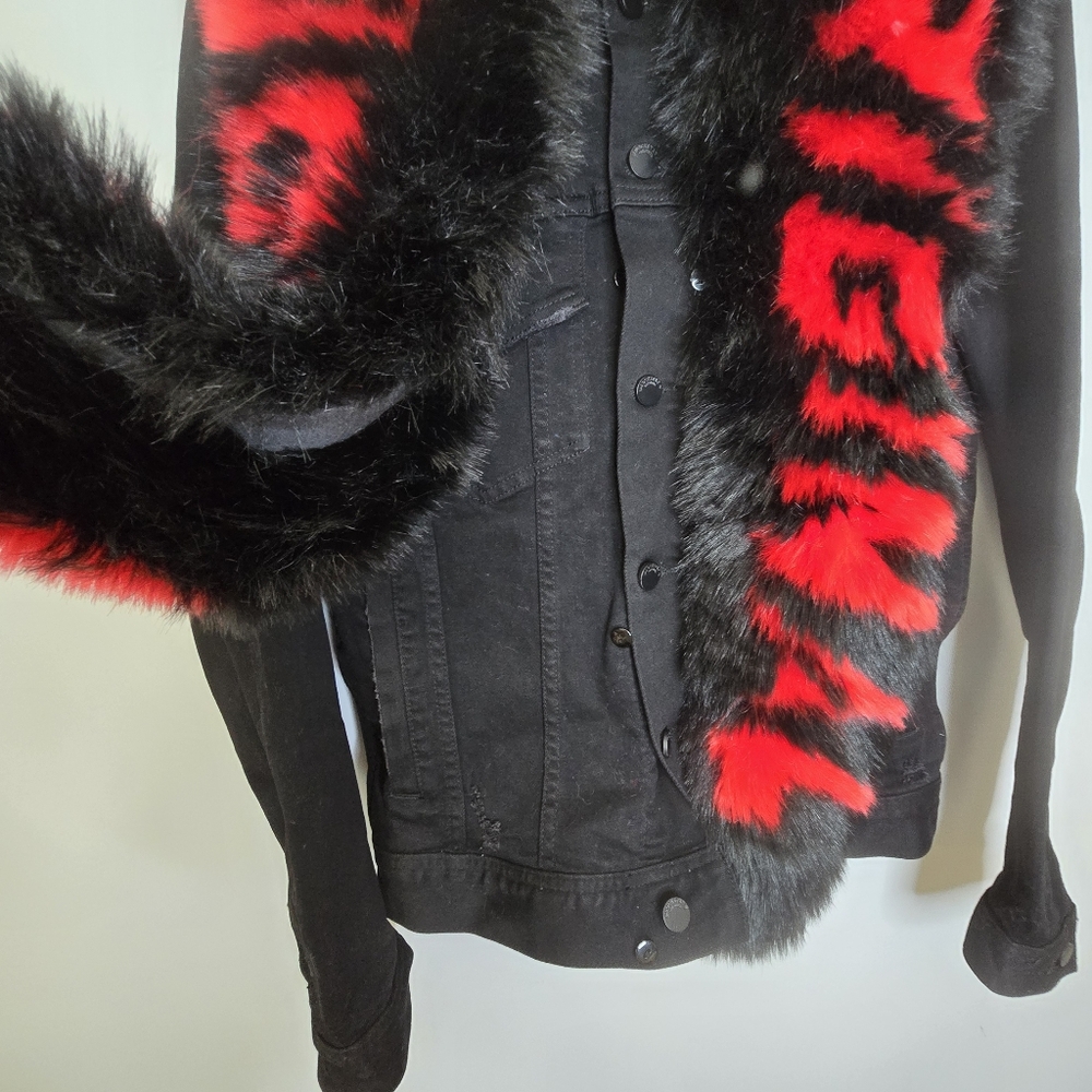 Rockstar‎ Original Denim Jacket Faux Fur Black Red Sz Small HARD TO FIND! RARE - Picture 7 of 11